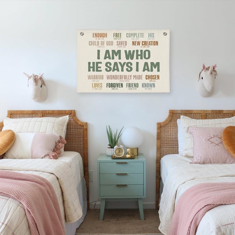 PLKMN Christian Wall Decor Canvas Banner, I Am Who He Says I am, Motivational Wall Hanging Banner Flag Decor for Baby Boys Girls Nursery Playroom - Image 5